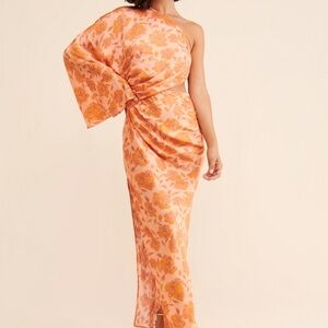 JENS PIRATE BOOTY One-Shoulder Pink & Orange Floral Satin Midi Dress